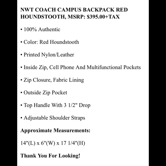 🛍SOLD🛍 NWT COACH Unisex Backpack 🎒 Houndstooth - Picture 12 of 12